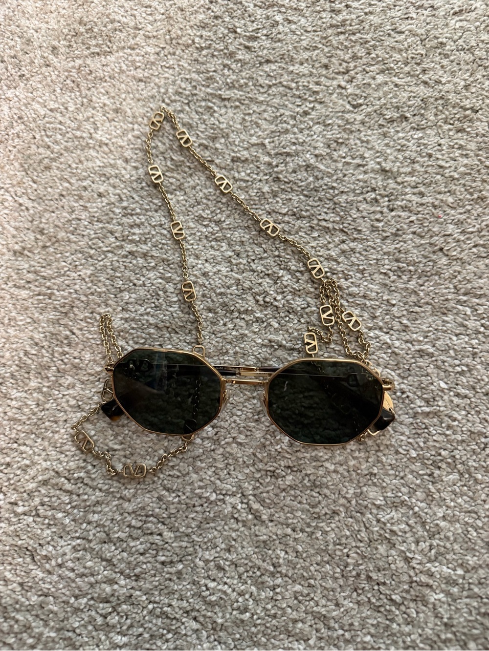 Gold Frame Dark Lens Sunglasses with Gold Logo Chain